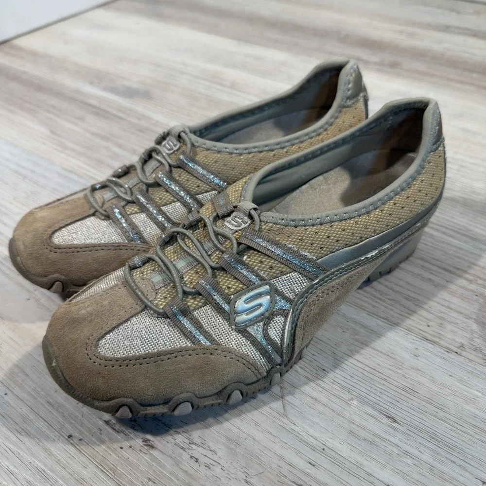 Skechers Womens Bikers Sneakers Size 6 Tan Suede Mesh Comfort Slip-On
